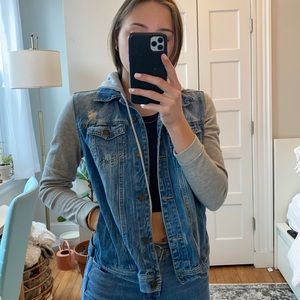 Denim jacket with sweatshirt sleeves